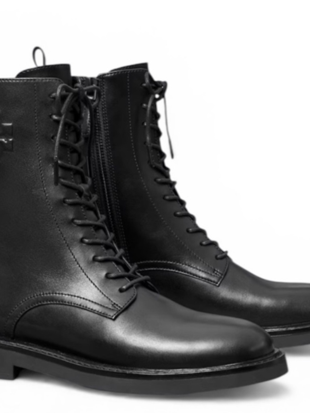 NIB Tory Burch Black Double T Combat Boot - Glossy Calf Leather
